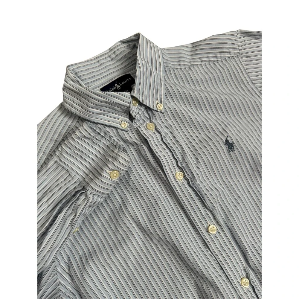 Ralph Lauren Boys Striped‎ Button Down Shirt Blue White Pony Logo Size M (10-12)